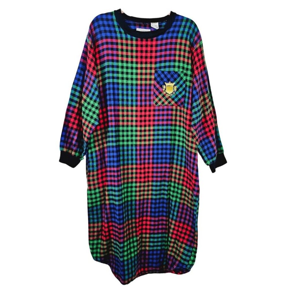 Vintage Today Tonight Gingham Flannel Night Dress Womens L Multicolor Country